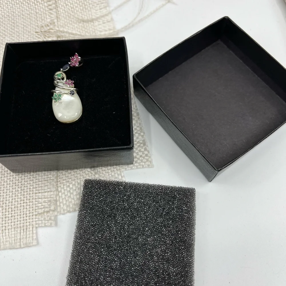Vintage Sterling Silver Mother of Pearl & Gemstone Pendant